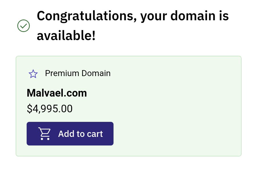 Captura de una web en la que se ve la venta de mi actual dominio (malvael.com) por 4995 dólares